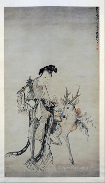 Arte Tradicional Chino Painting - ma gu sosteniendo un jarrón con un ciervo 1766 Huang Shen chino tradicional